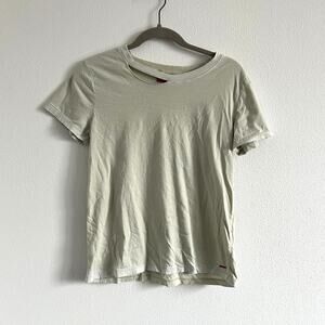 N: Philanthropy Distressed Ripped Collar Love Is All We Need Greenish-Tan Top S